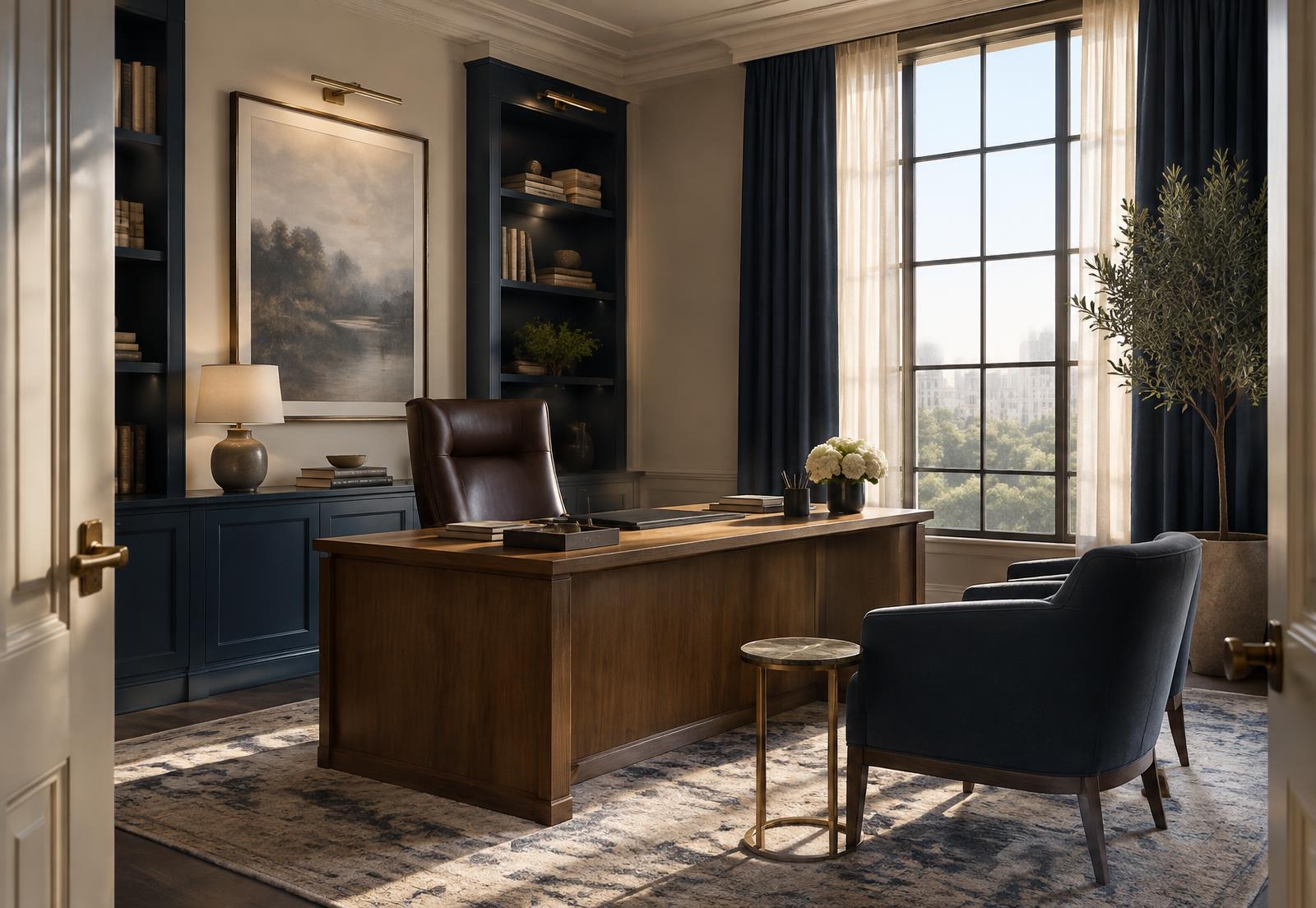 An elegant executive office with navy cabinetry, a wood desk, and window light